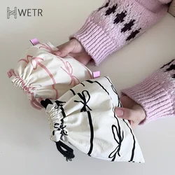 Bow Knot Striped Mini Drawstring Bag Cosmetic Storage Pouch Women Wallet Sweet Kawaii String Mini Pouch Girl's Storage Mini Bag