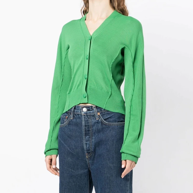 

Корейский модный женский вязаный кардиган с V-образным вырезом, приталенный, с длинными рукавами, для повседневной носки, с дизайнерскими вставками