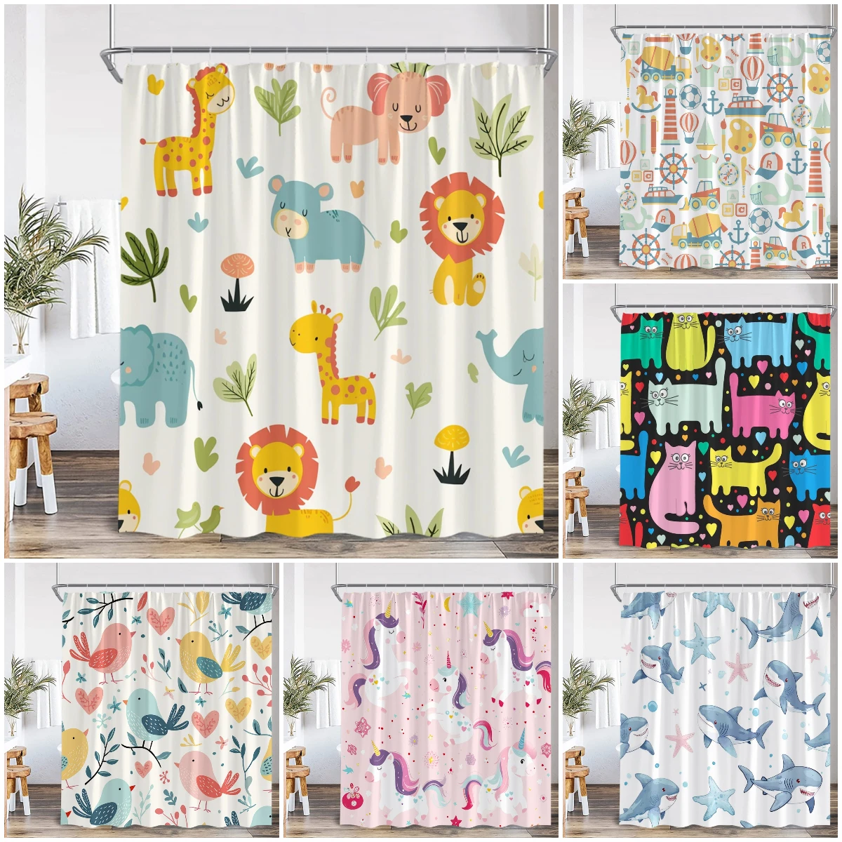 Cartoon Kids Bath Curtains Birds Rainbow Unicorns Cute Cats Fish Funny Animals Bathroom Decortaion Shower Curtain with Hooks