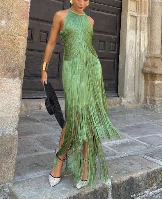 Women Dresses 2026 Spring Summer New Solid Color Temperament Hanging Neck Tassel Design Sleeveless Slim Fit Long Dress