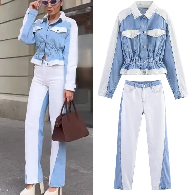 

TRAF Women's 2 Pieces Outfit Office Shirt Pants Set 2025 Splicing Denim Jacket +Mid Waist Straight Leg Pants Casual Women Sets ﻿