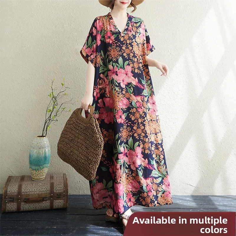 

Summer V-Neck Loose Cotton Linen Beach Skirt Wide Size Retro Meat Concealing Long Robe Thin Style Holiday Atmosphere Casual C...