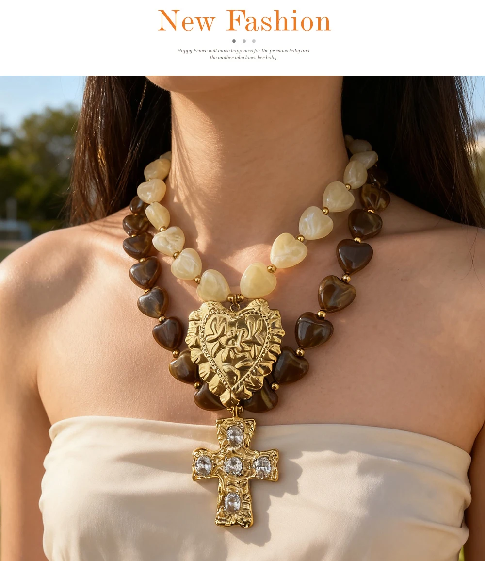 1 piece of heart-shaped glass flower titanium steel bead necklace, versatile necklace for winter 2025