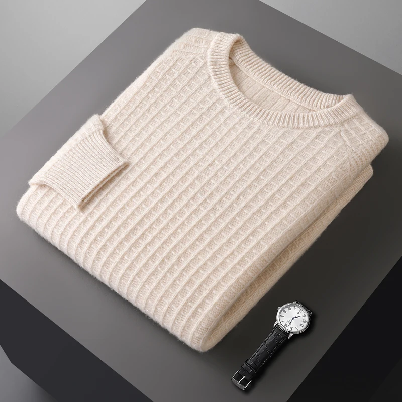 

Autumn and Winter Thick Knitted Sweater 100% Merino Wool Men's Round Neck Pullover Casual Warm Long Sleeved Men's Clothing Tops