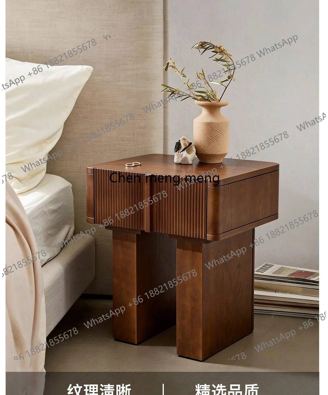

Premium Italian minimalist light luxury design walnut travertine solid wood bedside table bedroom home