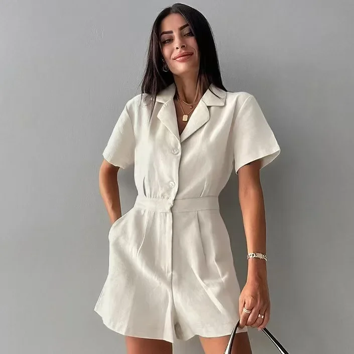 Cross-border femininity versatile cotton and linen solid color jumpsuit 2025 spring and summer new hot sale niche suit collar ju