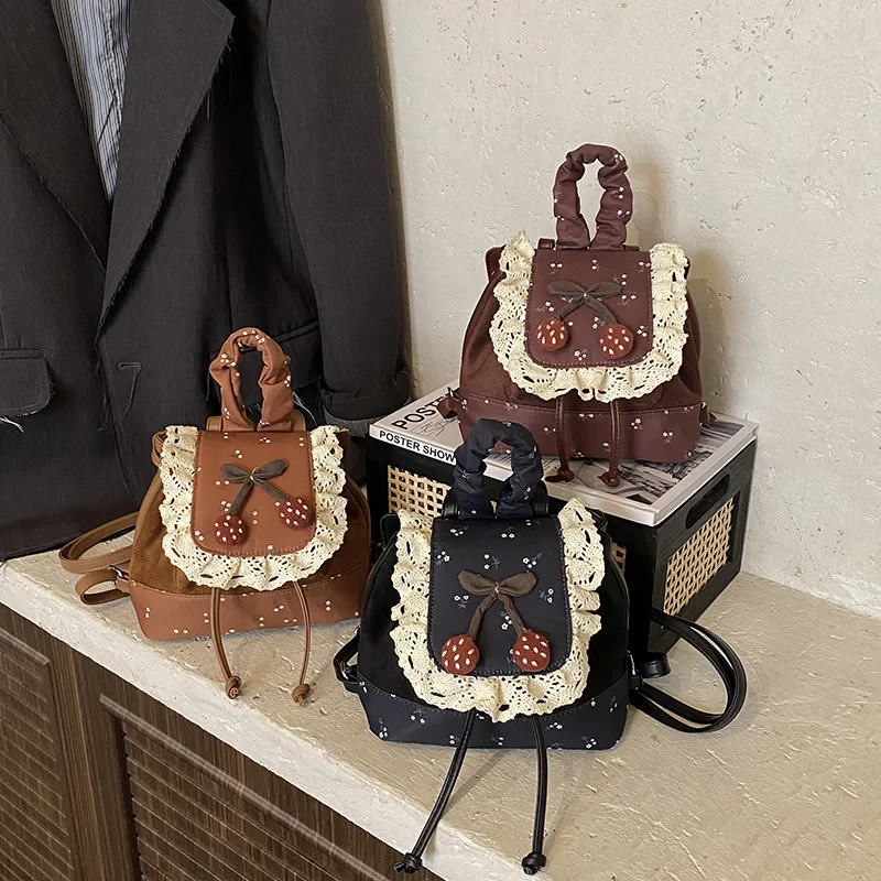 Women's Cherry Lace Mini Backpack, Cute Floral Embroidered Drawstring Daypack, Small Casual Shoulder Bag