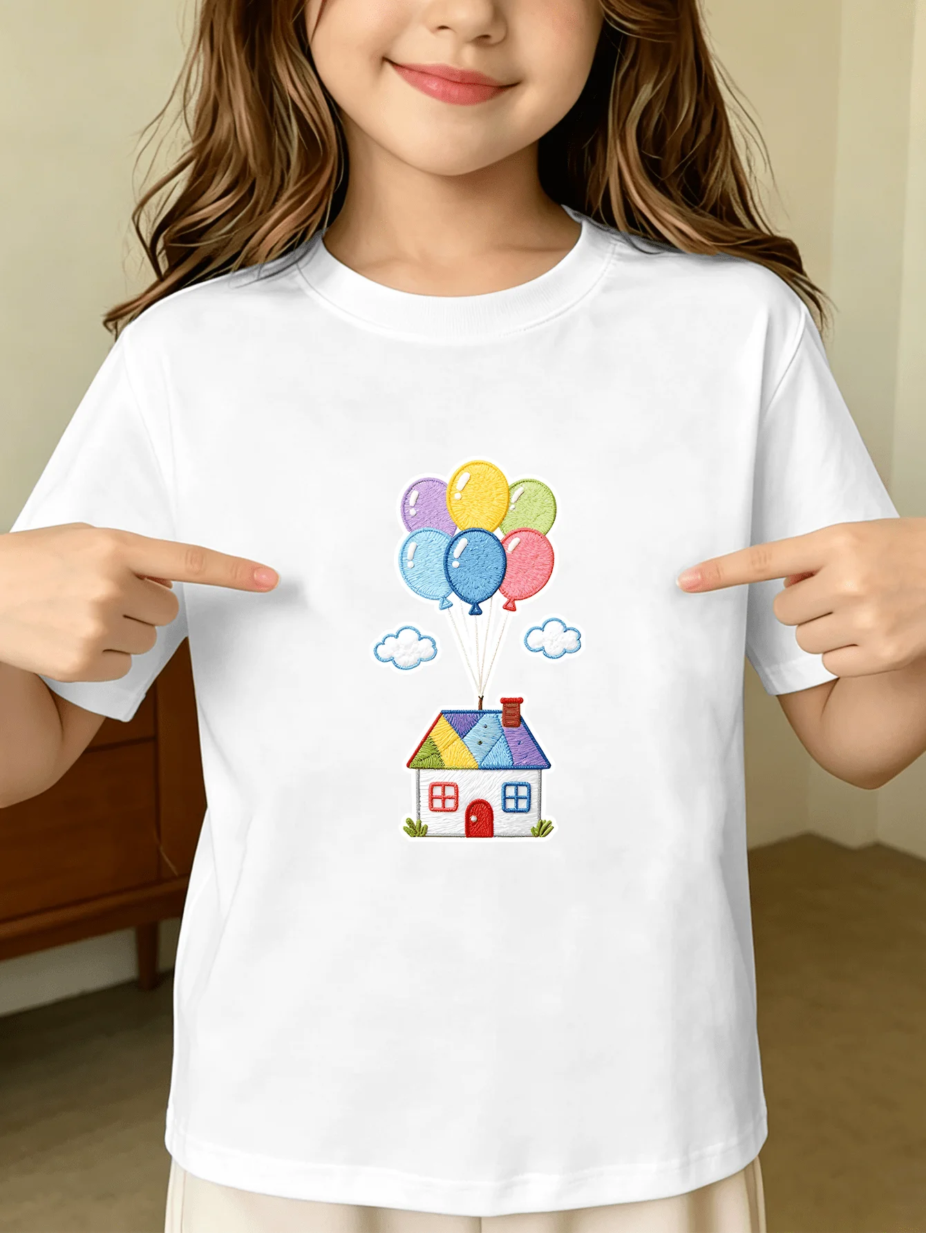Flying House With Colorful Balloons Cartoon Graphic Kids T Shirt Boys Girls Family Matching Summer Crew Neck Short Sleeve Tee
