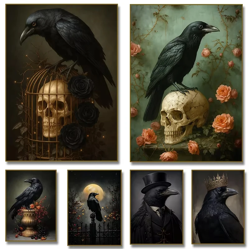 Victorian Gothic Black Raven Birdcage Skull Print Crow Diamond Painting Posters Vintage Dark Fantasy Witchcraft Room Home Dec