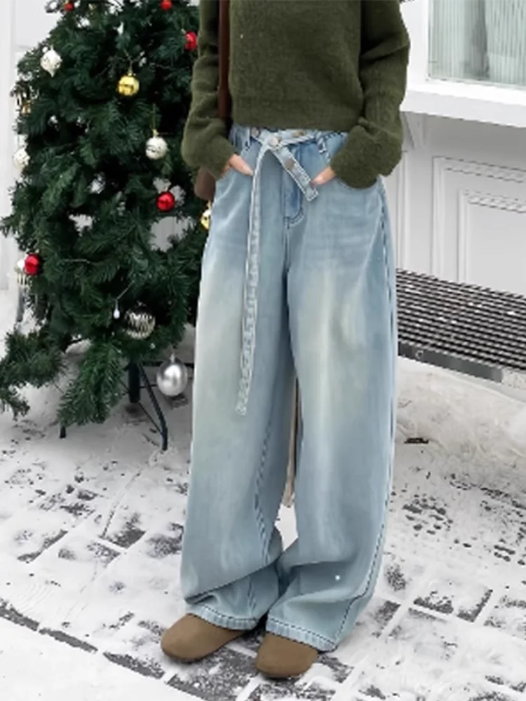 

Y2K Широкие брюки женские светлые джинсовые пояса дизайн Slim Fit нишевые модные джинсы в пол в стиле
