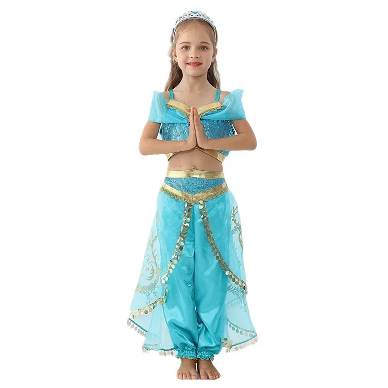 

3-12Y Girl Aladdin Magic Lamp Jasmine Princess Dress Shining Crystal Stickers Belly Dance Dress Festival Ball Performance