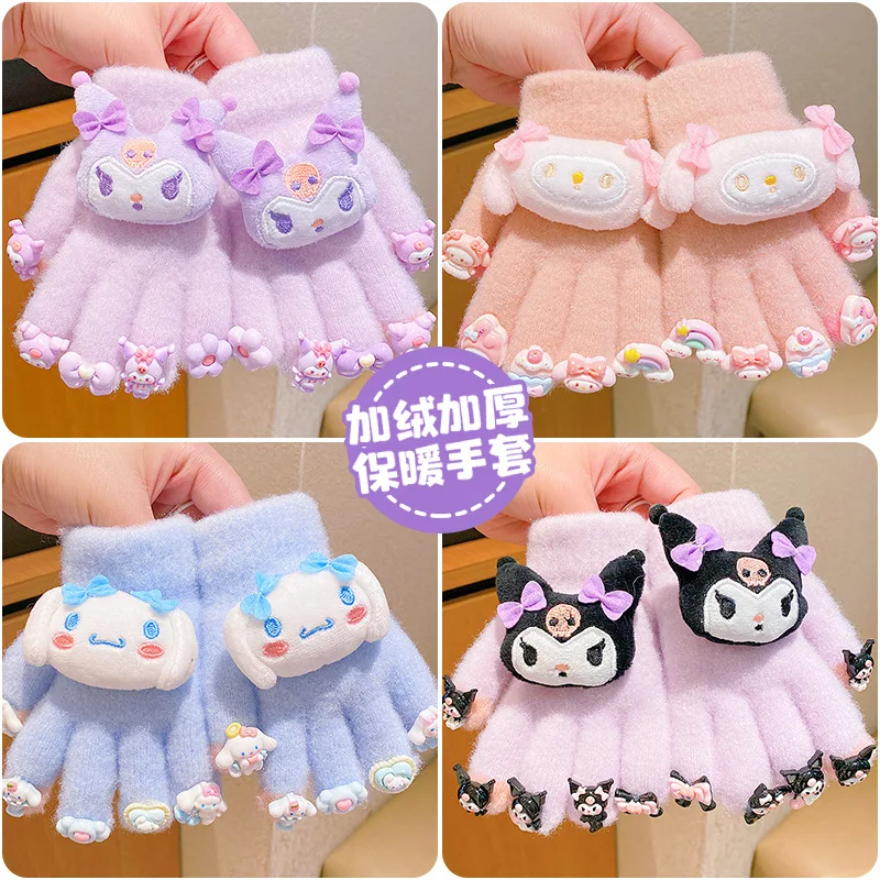 

New Sanrio Gloves Kawaii My Melody Kuromi Cold-Proof Winter Finger Gloves Cinnamoroll Warm Children Plush Gloves Christmas Gifts