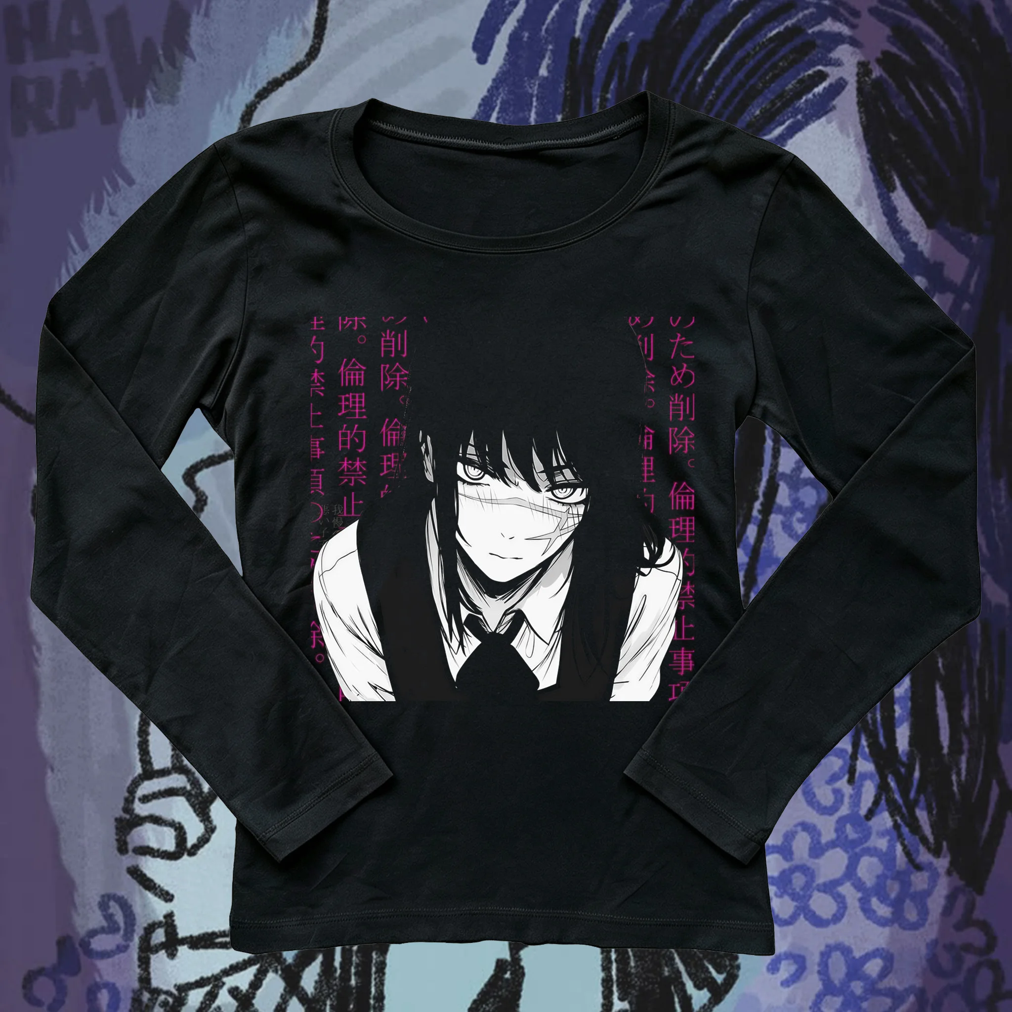 Women Slim Fit Long Sleeve T-shirt Chainsaw Man Asa Mitaka Anime Manga Print Tee O-neck Casual Streetwear Graphic Long Sleeve To