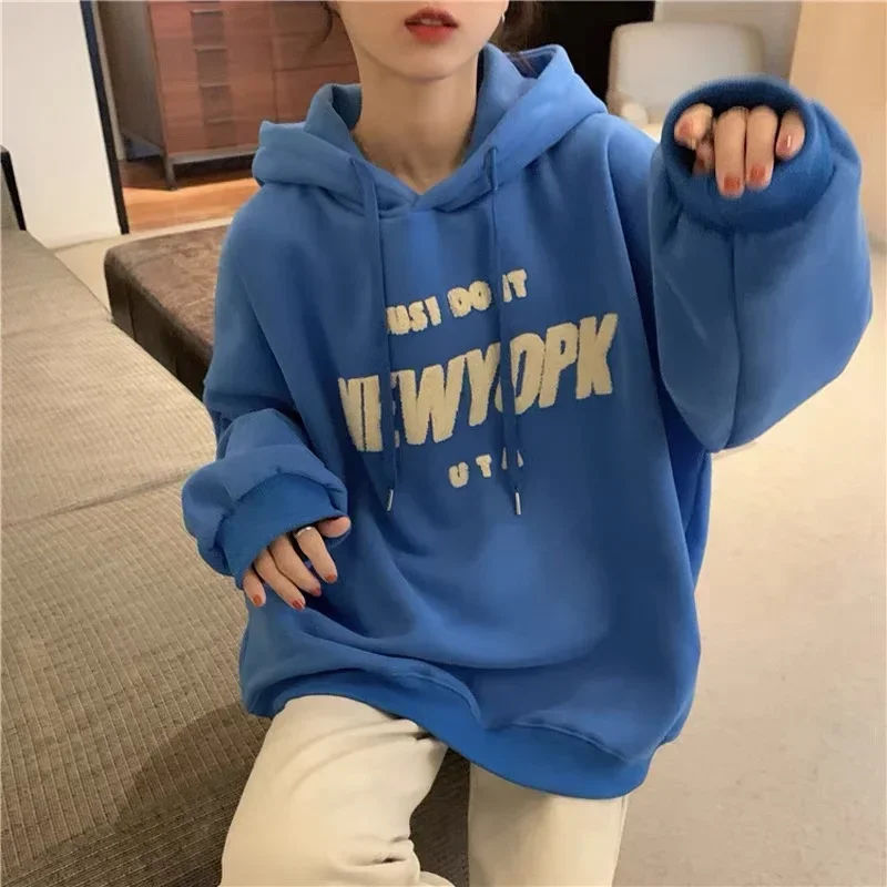 Atasan Pullover wanita lengan panjang, atasan Hoodie model Korea, Hoodie klasik, motif huruf, kasual, atasan Pullover lengan panjang, tipis, musim gugur, untuk wanita