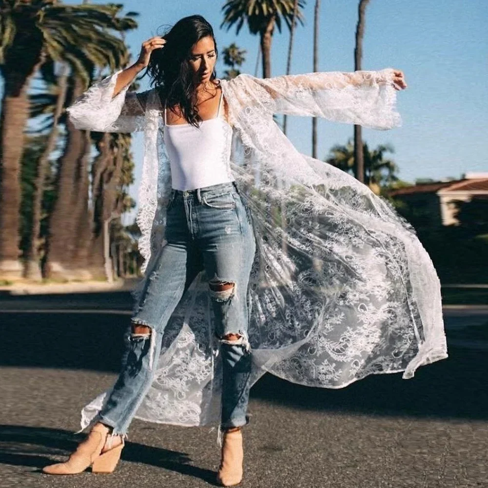 Women Long Lace Beach Cover Up Bikini Dress Swimsuit Cardigan Sun Protection Robe Summer Beachwear Clothing