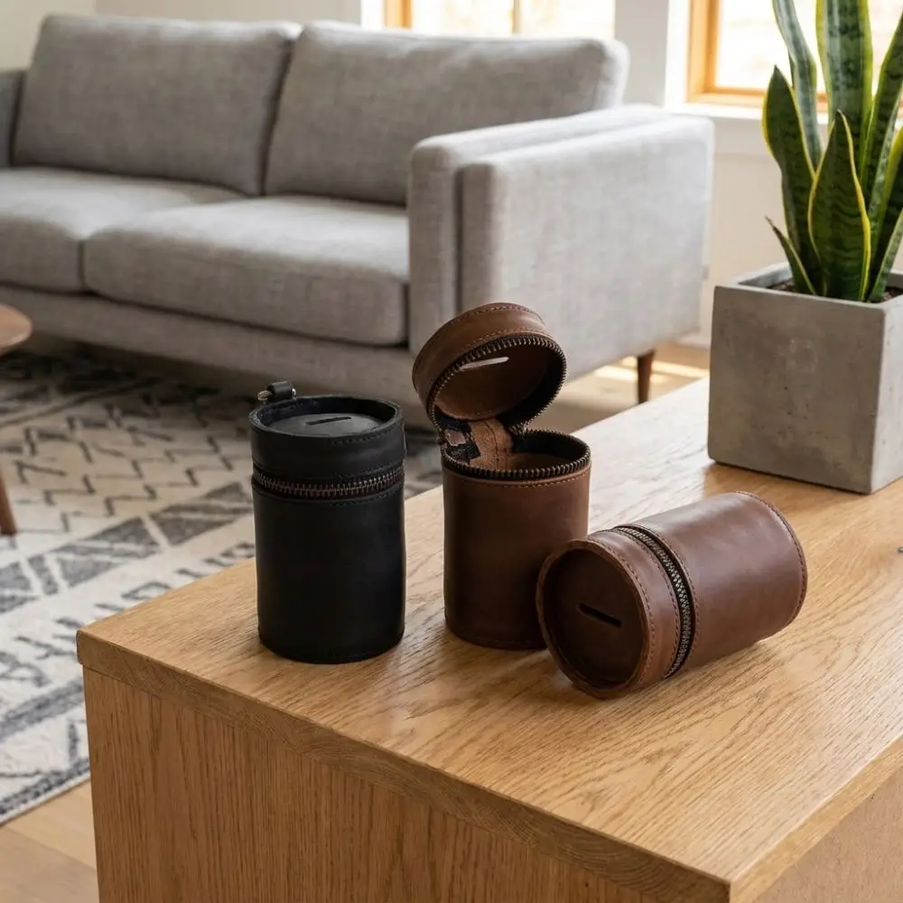 PU Leather Coin Storage Bank Handmade Cylindrical Car Interior Piggy Bank Portable Round Zipper Trinkets Coin Purse