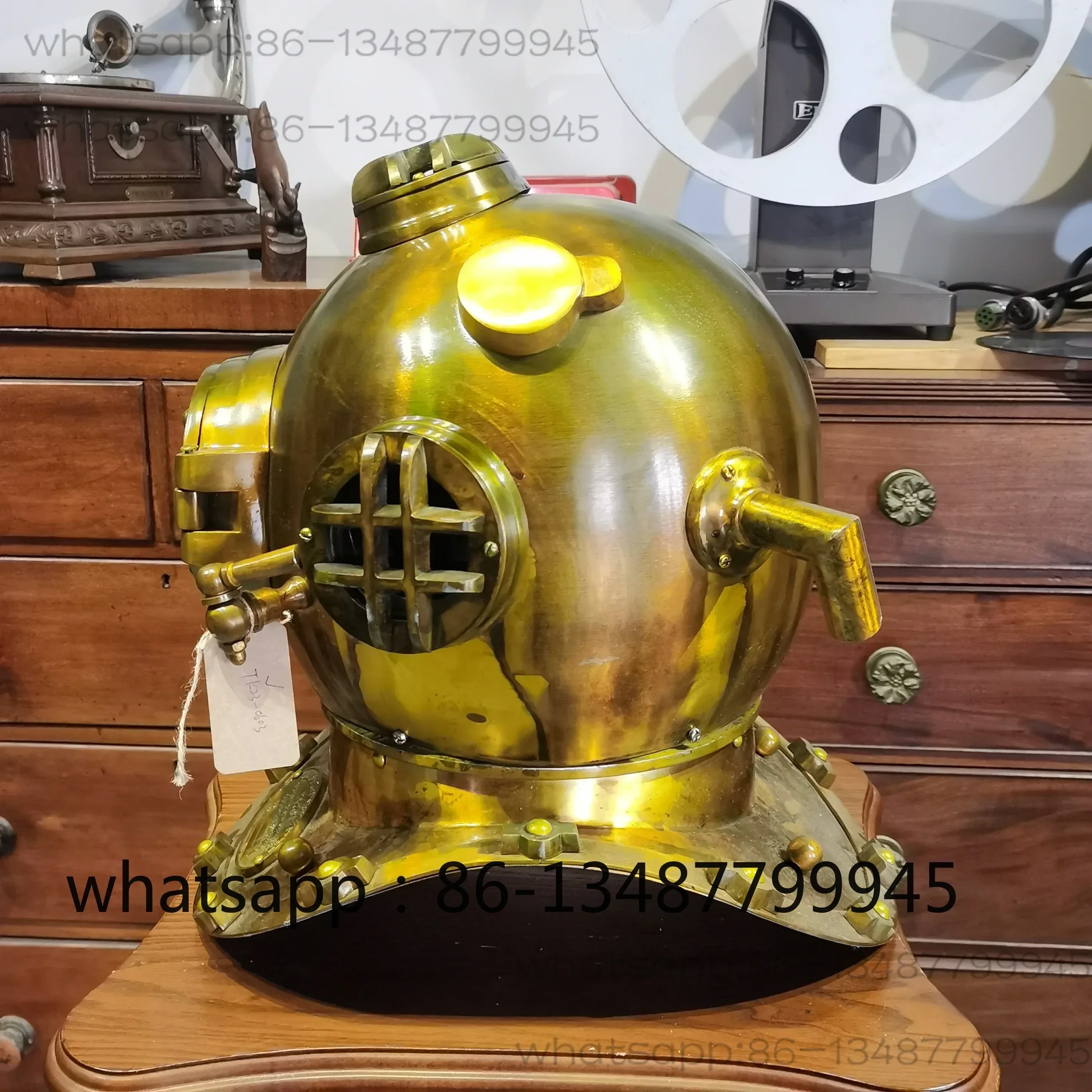 Featuring antique and retro US Navy diving helmet, antique copper metal hat, 18 inch large ornament