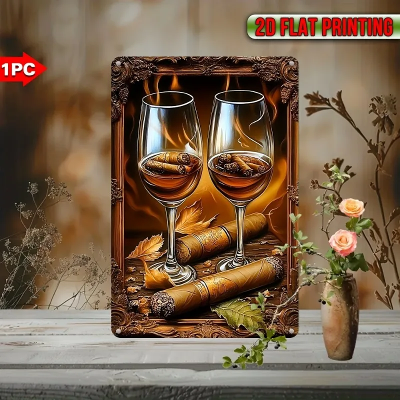 1pc Vintage-Style Aluminum Metal Sign- Cozy Cigar & Wine Illustration | UV Printed, Waterproof & Dustproof Wall Decor, 7.9x11.8