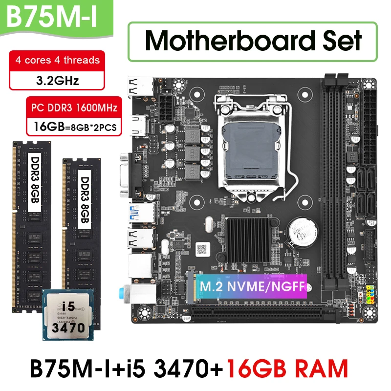 B75 M-I ITX Motherboard Set Combo Kit with Core i5 3470 processor 16GB DDR3 PC Memory B75 LGA1155 placa mae support i3 i5 i7 CPU