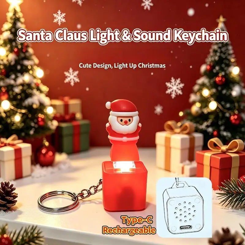 Stress Relief Santa Claus Keychain LED Light Up Voice Function Cute Cartoon Key Ring for Christmas Home Decoration