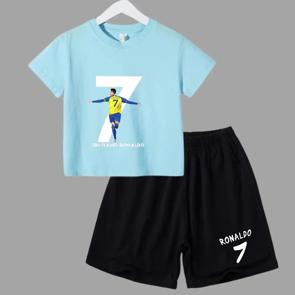 

2-14 Summer Sports Teen Kids Set Boy 2pcs Set Casual Short Sleeve T-shirts+shorts Pants Suits CR7 Ronaldo Children Idol Clothes