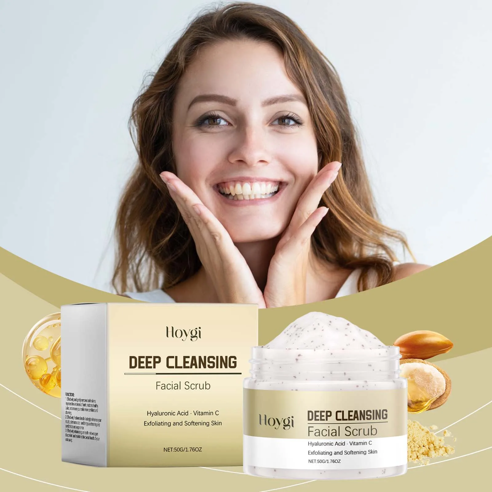 Gommage pour le visage nettoyant en profondeur avec acide hyaluronique et vitamine C - Gommage exfoliant pour peaux lisses, raffinage des pores