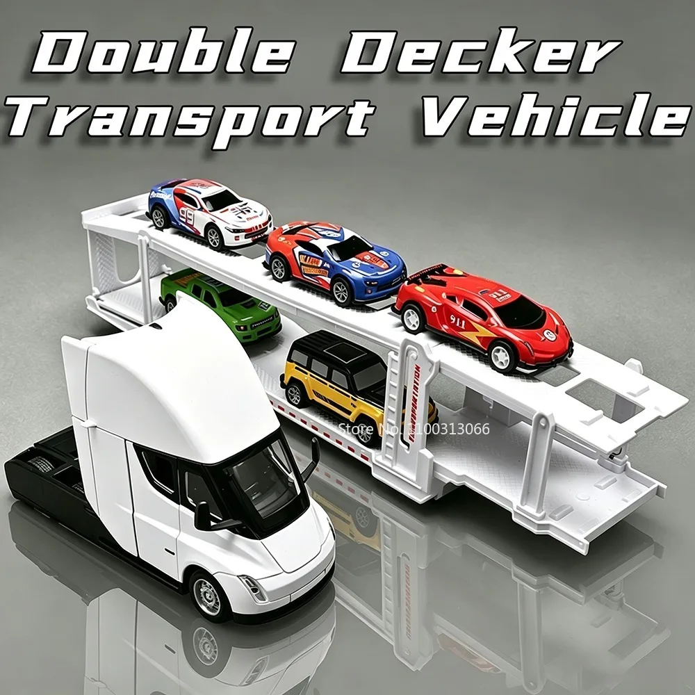 1:32 Model Car Toy Trailer Double Decker Transport Vehicles Alloy Diecast Sound Light Shock Absorption Pull Back Decoration Toys