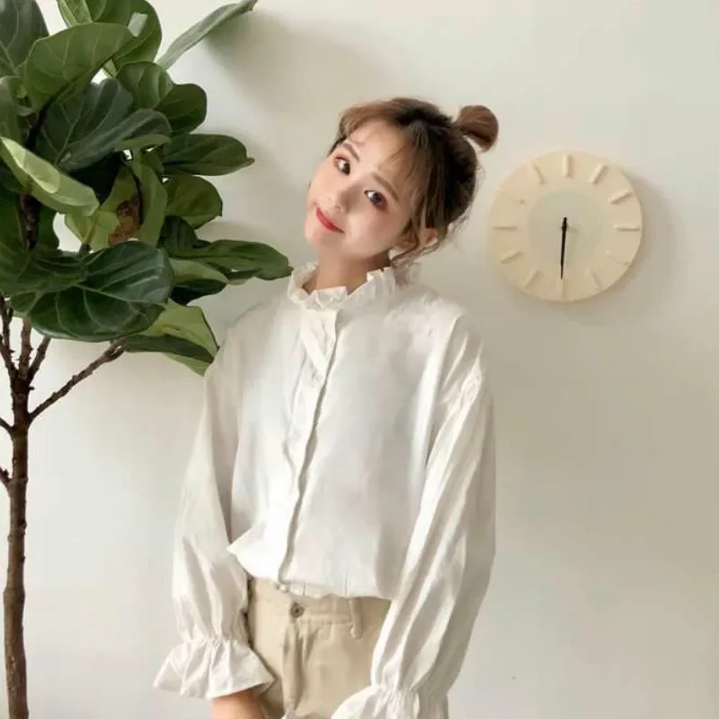 White Blouse Women Shirts Harajuku Clothes Womens Tops and Blouses All Match Flare Sleeve Korean Style New Fashion Ulzzang Chic
