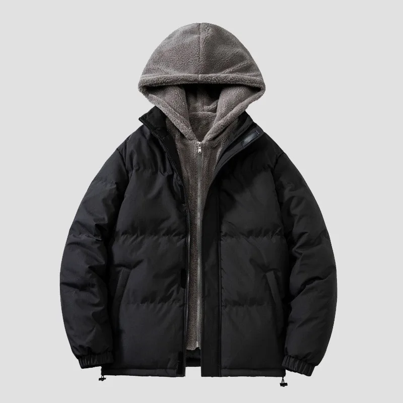 KIDWHXR Parkas Jacket Man Winter Fashion Patchwork Male Fake Two-piece Outerwear Thicken Long Sleeve Zipper Men Hooded Coat