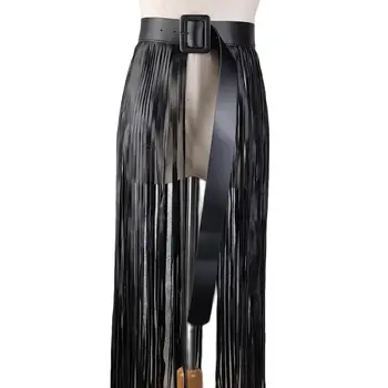 Boho Fringe เข็มขัดกว้างผู้หญิงหนังสีดําเข็มขัดเอวสุภาพสตรีบุคลิกภาพ Slim ยาวพู่สายยาวพู่เข็มขัด