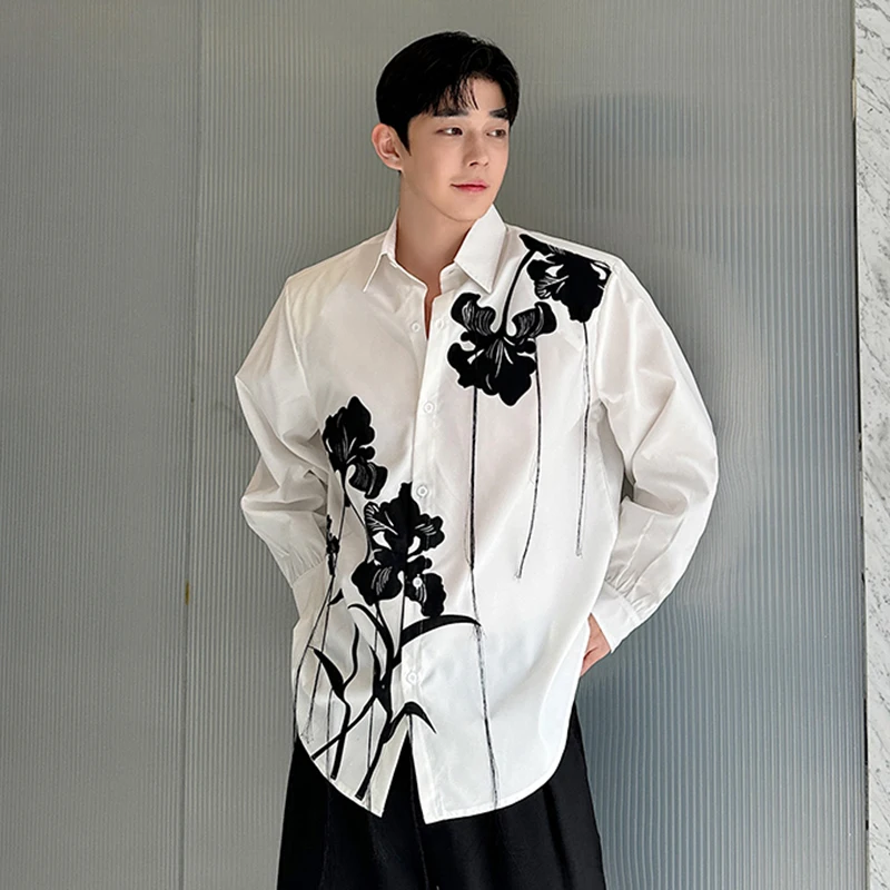 IEFB Chinese Style New Fashion Male Shirt Ink Painting Printed Tassel Embroidery Long-sleeved Shirts 2024 Floral Top 9C7135