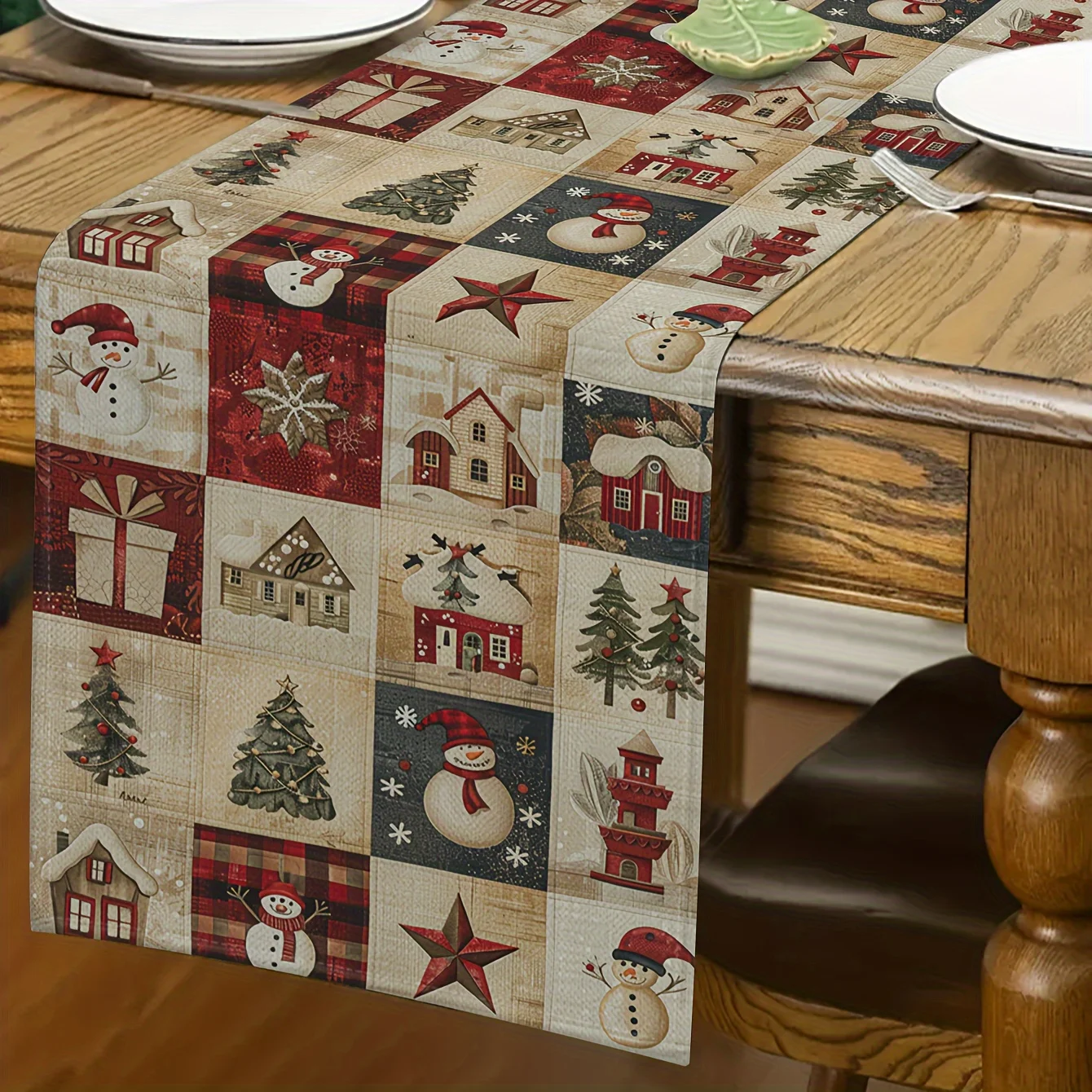 ผ้าปูโต๊ะคริสต์มาสวินเทจ 1 ชิ้น - ลายมนุษย์หิมะ ซานตาคลอส และกวางเรนเดียร์ สำหรับตกแต่งบ้านในฤดูหนาว เครื่องประดับคริสต์มาส