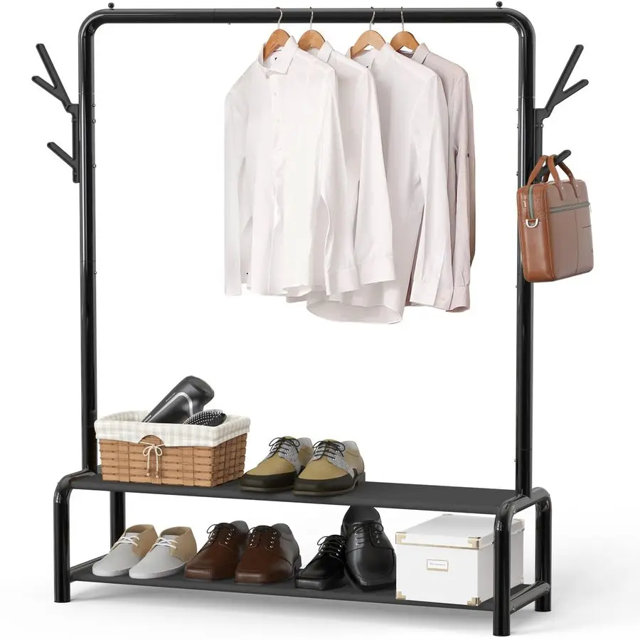 

52Inch Freestanding Closet Garment Rack with Storage Shelves and Coat Hat Hooks, Black