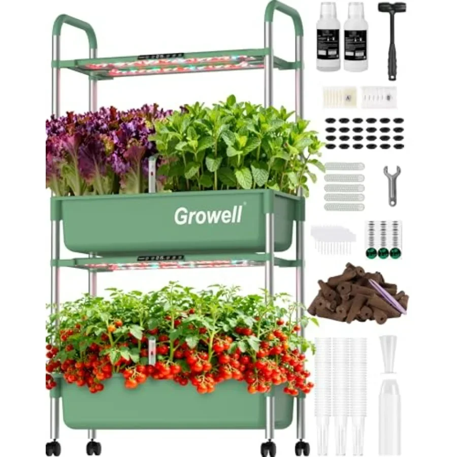 Vertical indoor herb garden kit for hydroponics use, green plastic with LED grow light and independent water pump, 54-pod 2-tie