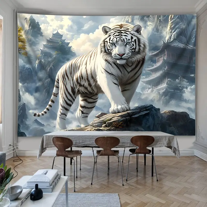 VIKAMA White Tiger Tapestry Asian Mountain Pagoda Misty Landscape Animal Wall Hanging Blue Sky Wall Art Living Room Decor
