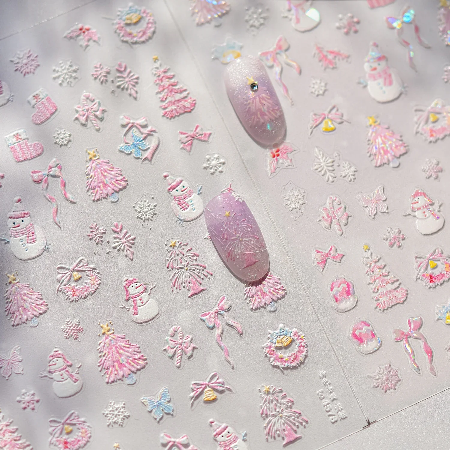 Pink Snowman Fireworks Christmas Tree Bowknot Bell Feather Star Adhesive Nail Art Stickers Snowflake Rhinestone Manicure Decals