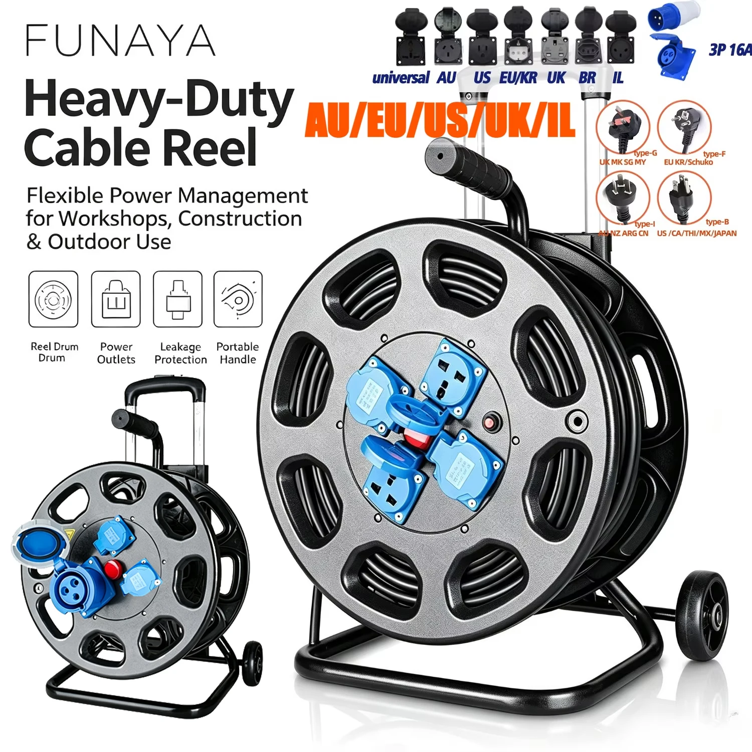 FUNAYA EU KR US AU UK Weatherproof Wire Rewinding Spool Cable Reel IP54 Extension Cord Industrial Winding with RCD 30m Cable