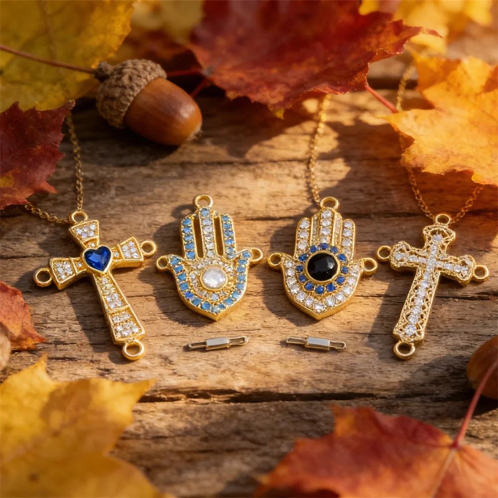 

1Pc Link Connectors Brass Cubic Zirconia Cross Heart Palm Charms for Diy Jewelry Necklace Bracelet Making Accessories Men Women