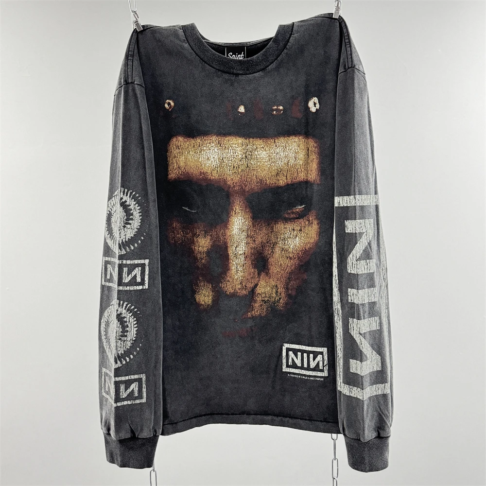 Washed Saint NIN Nine-inch Nail Long Sleeves T-shirt Men Women High Quality Heavy Fabric Unisex Tops Tee T Shirt image 2
