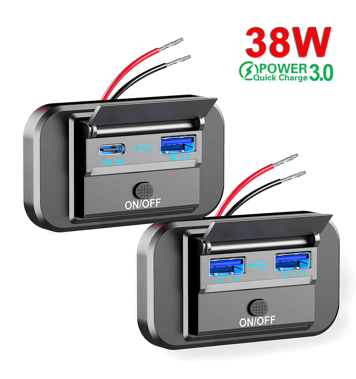 PD QC3.0 Type C Car Charger Socket Adapter 12V 24V USB Power Panel With Swith Button Dustproof Cover For Boat Marine RV Truck