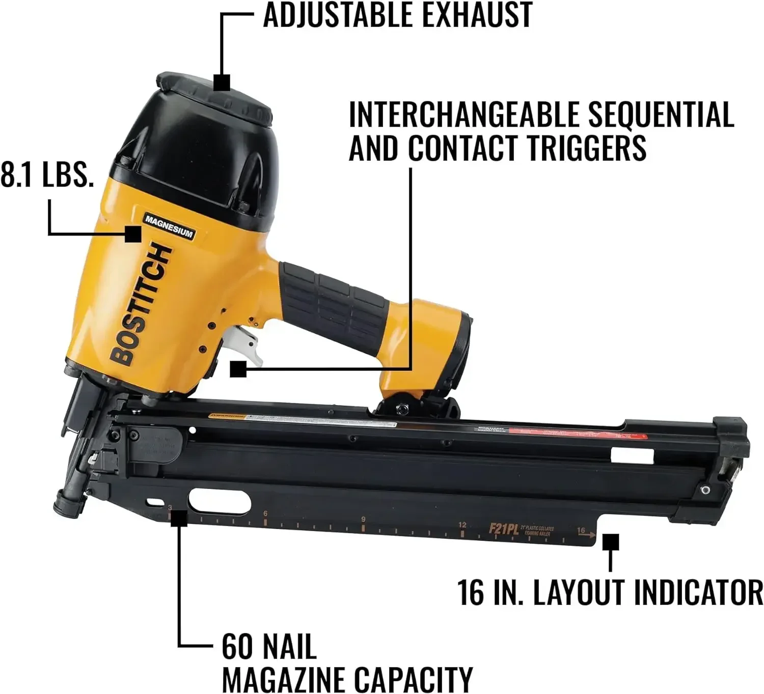 Nailer de enquadramento pneumático, cabeça redonda, 1-1/2 ”a 3-1/2”, F21PL