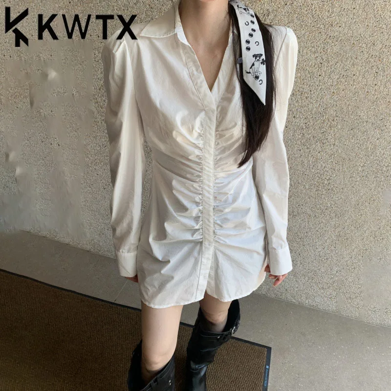 KWTX 여성 셔츠 드레스 벨트 허리 주름 라펠 우아하고 세련된 캐주얼 파티 봄 여름 2025 편안한 미니멀리스트 럭셔리