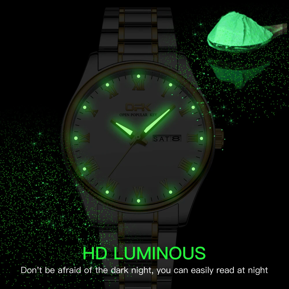 OPK Mens Watch stainless steel quartz watch Dual calendar waterproof luminous luxury brand men's wristwatch