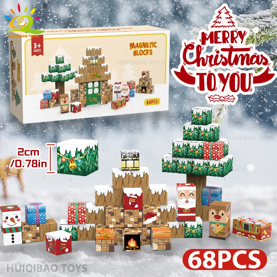 HUIQIBAO Christmas Magnetic Building Blocks DIY Santa Claus Mine World Set Magnet Building Cubes Toy for Children Adult Gift