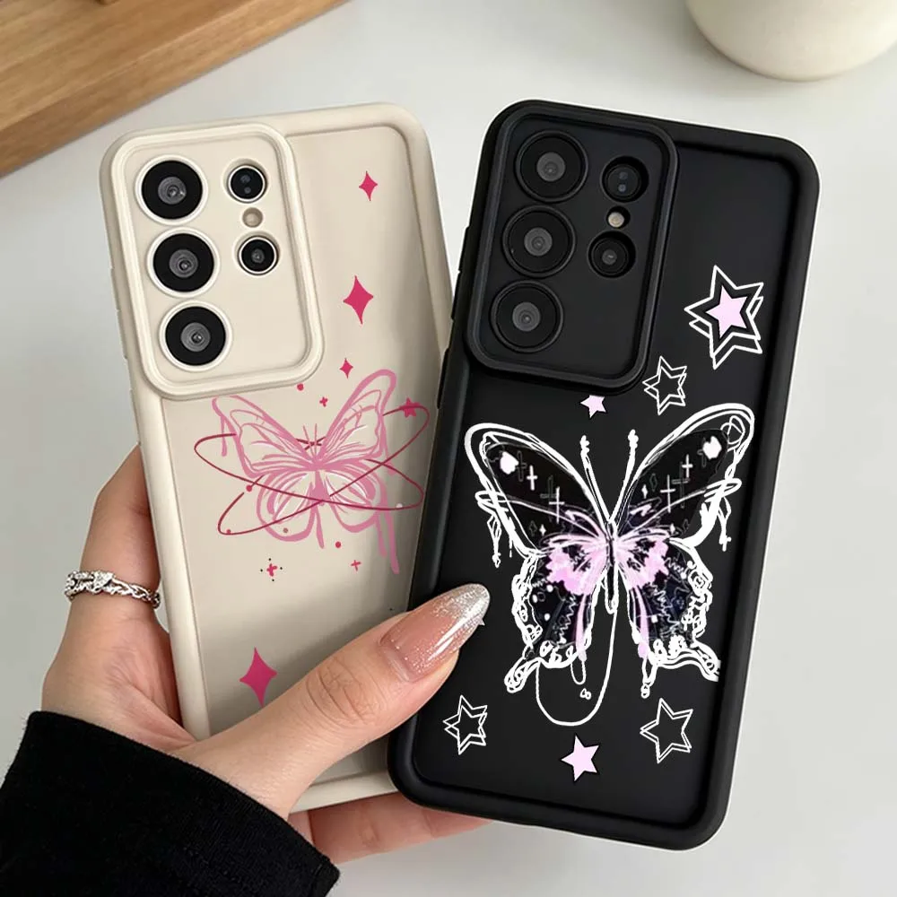 Cartoon Black Pink Butterfly Silicone Case For Samsung Galaxy S26 S25 S24 S23 S22 S21 S20 Ultra Plus FE Soft Phone Case