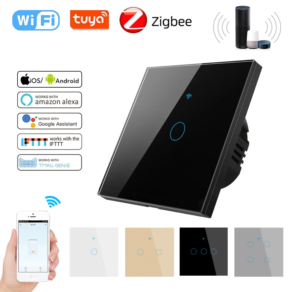 WIFI-RF433 Zigbee European 1/2/3/4 Gang86 tempered glass intelligent touch APP voice Alexa Google Home intelligent panel