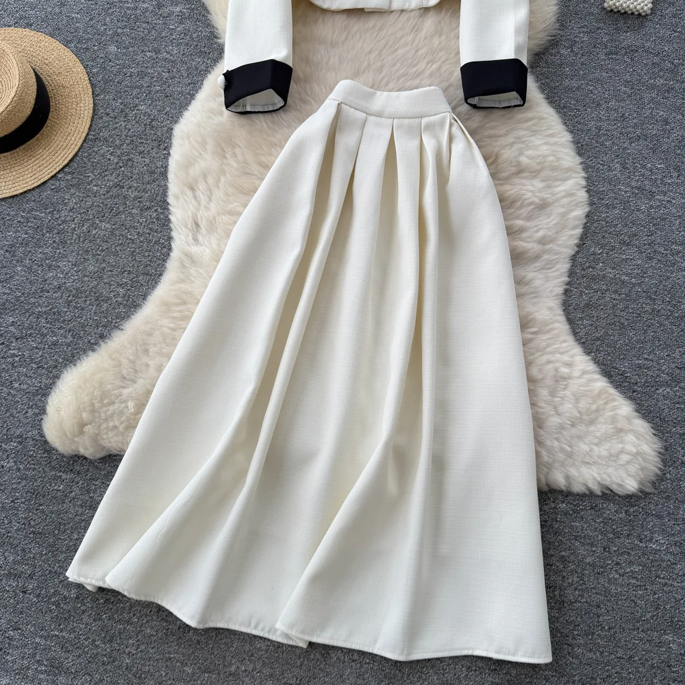 قطعتين تقسم فستان مجموعة ألف خط مجموعات النساء بيتر بان طوق معطف الكاحل طول تنورة فضفاضة أنيقة عادية 2025 ربيع الخريف