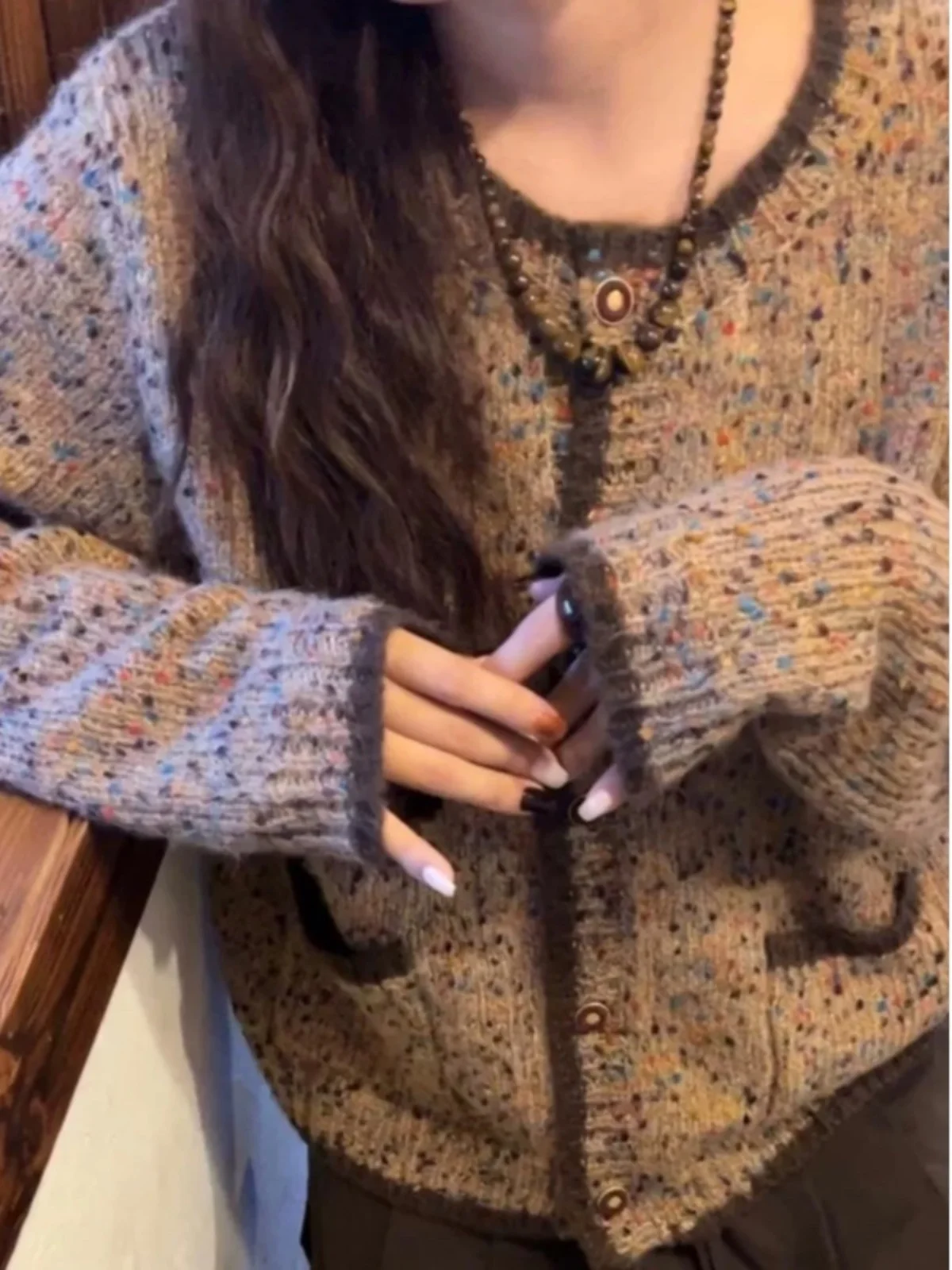 Sweter-płaszcz w retro wzór w kropki, dzianinowy, okrągły dekolt, długi rękaw, damski, do pracy, luźny krój, letni, odporny na zabrudzenia.