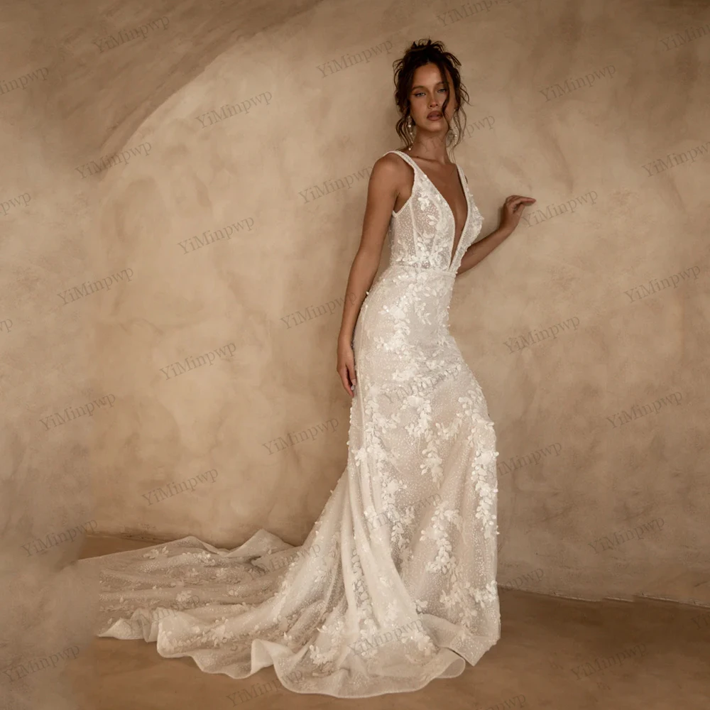

Shiny Flowers Wedding Dresses Sleeveless V-Neck Side Split Mermaid Luxury Vestido De Noiva Applique Customized Robe Mariage