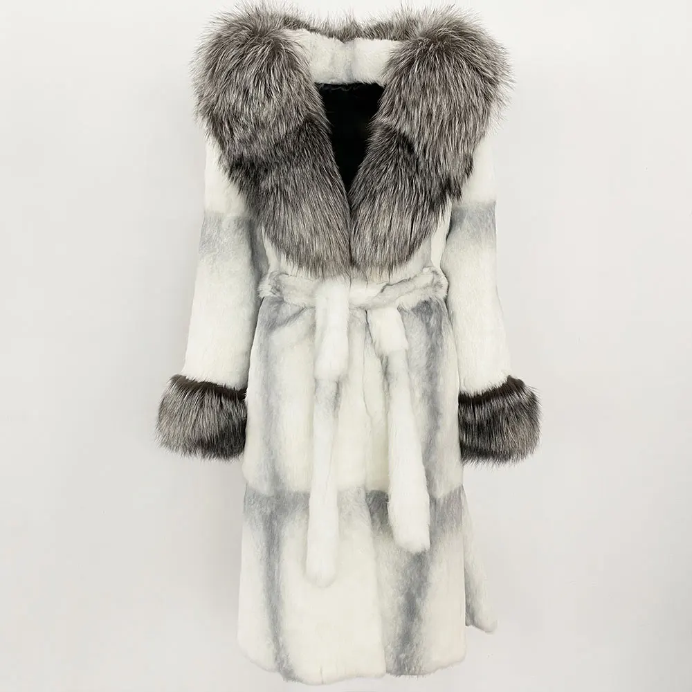 OFTBUY 天然ウサギのジャケットの女性 2025 新しい秋冬暖かい厚いリアルキツネの毛皮のコート女性ロングフード付きベルト服女性